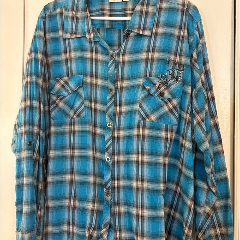 FINAL PRICE Cato Turquoise and Brown Plaid Shirt